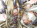  bare_shoulders blonde_hair bodypaint breasts claws cleavage dark_skin dragon_girl dragon_horns facial_mark heterochromia horns ishiyumi long_hair medium_breasts purple_eyes puzzle_&amp;_dragons scales smile solo sonia_gran tongue tongue_out yellow_eyes 