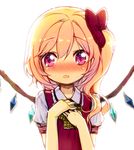  blonde_hair blush bow crystal fang flandre_scarlet hair_bow hair_ornament hands_on_own_chest minamura_haruki no_hat no_headwear open_mouth ponytail puffy_sleeves red_eyes shirt short_hair short_sleeves side_ponytail simple_background solo sweatdrop touhou white_background wings 