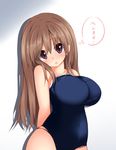  :o arms_behind_back blush breasts brown_hair collarbone competition_school_swimsuit covered_navel denpaken_pochi head_tilt large_breasts long_hair looking_at_viewer one-piece_swimsuit original purple_eyes school_swimsuit solo swimsuit taut_clothes taut_swimsuit 