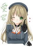  ;) absurdres atago_(kantai_collection) beret black_gloves blonde_hair breasts character_name gloves hat highres index_finger_raised kantai_collection kawara_purin large_breasts long_hair one_eye_closed smile solo translated uniform 