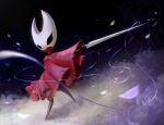  absurdres arthropod_girl black_background black_eyes black_sclera black_skin cloak colored_sclera colored_skin falling_petals fighting_stance flower highres holding holding_needle holding_weapon hollow_knight hollow_knight:_silksong hornet_(hollow_knight) horns jhoonstark looking_at_viewer needle petals red_cloak rose rose_petals string turtleneck weapon white_flower 