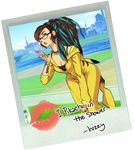 breasts brown_hair cleavage commentary cosplay gen_1_pokemon glasses green_eyes hizzacked hizzy_(hizzacked) long_hair medium_breasts multicolored_hair original pikachu pikachu_(cosplay) pikachu_costume pokemon ponytail pun self-portrait solo transparent_background two-tone_hair 