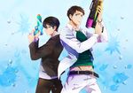  aqua_eyes back-to-back bad_id bad_pixiv_id belt black_hair blazer blue_eyes free! jacket male_focus multiple_boys nanase_haruka_(free!) ronisuke school_uniform water_drop water_gun yamazaki_sousuke 