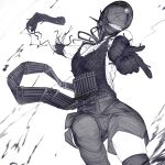  1girl apron bomb_devil_(chainsaw_man) chainsaw_man dynamite elbow_gloves explosive gloves greyscale hashtag-only_commentary highres jaeb_(kkrt0302) monochrome neck_ribbon object_head pointing ribbon severed_arm severed_limb shirt shorts sleeveless sleeveless_shirt solo teeth thighhighs 