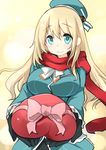 absurdres aqua_eyes atago_(kantai_collection) black_gloves blonde_hair box breasts chocolate chocolate_heart commentary_request gift gift_box gloves hat heart highres kantai_collection large_breasts long_hair looking_at_viewer ryuki_(ryukisukune) scarf smile solo valentine 