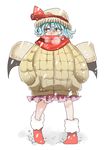  alternate_costume bat_wings blue_hair breath coat gioha hands_in_pockets highres looking_to_the_side red_eyes remilia_scarlet scarf scarf_over_mouth short_hair snow solo touhou wings winter_clothes winter_coat 