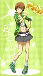  1girl blush brown_hair eyes_closed female full_body hand_on_hips kurosususu midriff navel open_jacket persona persona_4 persona_4:_dancing_all_night plaid plaid_skirt satonaka_chie skirt sneakers solo thumbs_up wristband wristbands 