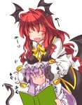  anger_vein biting black_dress book breast_rest breasts breasts_on_head demon_girl demon_tail demon_wings dress fang hand_puppet hat head_biting head_wings horns koakuma large_breasts long_hair long_sleeves mob_cap multiple_girls mumumu open_mouth patchouli_knowledge puppet purple_hair red_hair sheep_horns shirt smile tail touhou very_long_hair wings 