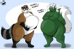 2024 4_toes abstract_background anthro artist_name beeton belly belly_jiggle belly_wobble big_belly big_butt big_tail biped black_ears black_feet black_hands black_nose brown_body brown_fur butt casual_nudity cheek_tuft chris_t._snuggleskunk chrisandcompany collarbone colored crossed_arms curled_tail dialogue digital_drawing_(artwork) digital_media_(artwork) duo english_text eyebrows facial_markings facial_tuft feet floating_eyebrows fluffy fluffy_tail fur glistening glistening_belly glistening_body glistening_fur glistening_legs glistening_moobs gloves_(marking) green_body green_eyes green_fur hair head_markings head_tuft hi_res holding_belly huge_belly humanoid_hands humanoid_heel jiggling leg_markings lines_drawn looking_at_another male mammal markings mask_(marking) mephitid moon multicolored_body multicolored_fur nude nudist obese obese_anthro obese_male open_mouth overweight overweight_anthro overweight_male pink_nose plantigrade procyonid purple_eyes raccoon raised_eyebrow raised_tail ring_(marking) ringed_tail shaded shadow skunk smile smiling_at_another socks_(marking) standing striped_markings striped_tail stripes tail tail_markings talking_to_another text thick_calves thick_eyebrows toes tuft two_tone_body two_tone_fur white_belly white_body white_eyebrows white_fur white_hair white_sclera wide_hips