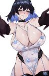  1girl absurdres alternate_costume aqua_eyes bare_shoulders black_choker black_gloves black_hair black_thighhighs blue_hair blush breasts choker choppy_bangs cleavage closed_mouth collarbone colored_inner_hair commentary commission covered_navel dress elbow_gloves floral_print gloves highres hololive hololive_english huge_breasts incoming_hug jewelry lace_garter_belt lips looking_at_viewer meeko_illus multicolored_hair necklace ouro_kronii outstretched_arms pelvic_curtain short_hair simple_background sleeveless sleeveless_dress snowflake_print solo thick_thighs thighhighs thighs virtual_youtuber white_background 