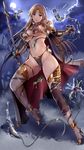  armor bikini bikini_armor blonde_hair blush breasts elf highres large_breasts long_hair navel original pointy_ears purple_eyes sasana solo swimsuit sword tentacles thighhighs torn_bikini torn_clothes torn_legwear weapon 