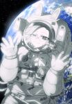  1boy animal_ears aotsuki_eito astronaut chinese_commentary commentary_request fake_animal_ears fusang0499 glasses grey_hair helmet highres looking_at_viewer male_focus planet purple_eyes rabbit_ears short_hair single_mechanical_eye smile solo space space_helmet spacesuit the_hundred_line_-last_defense_academy- zero_gravity 