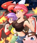  1boy 1girl belt belt_buckle blush breasts brown_belt buckle bugsy_(pokemon) cleavage clenched_hands closed_mouth collarbone commentary eyelashes fire from_side green_shirt green_shorts hair_ornament hairclip hand_up highres holding_unworn_jacket looking_at_breasts miltank navel pink_eyes pink_hair pokemon pokemon_(creature) pokemon_hgss purple_eyes purple_hair scizor shirt short_hair short_sleeves shorts sideways_glance signature sleeveless sleeveless_shirt smile supermondobeat sweat whitney_(pokemon) 