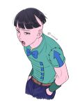  1boy belt black_eyes black_hair blue_bow blue_bowtie blue_pants bow bowtie brown_belt commentary_request hands_in_pockets higashikata_joshu highres hokkyoku_(uuunnoo2) hunched_over jojo_no_kimyou_na_bouken jojolion male_focus open_mouth pants solo twitter_username upper_body wristband 