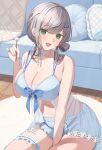  1girl babydoll blue_babydoll blue_shorts breasts cleavage couch frilled_thigh_strap green_eyes grey_hair hair_ornament hairclip hand_between_thighs highres hololive indoors large_breasts looking_at_viewer mikumineko mole mole_on_breast navel open_mouth shirogane_noel shirogane_noel_(9th_costume) shorts solo thigh_strap 