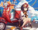  bandaid bandaid_on_face black_hair blue_sky cloud day goggles goggles_on_head hat highres katana llc looking_at_viewer mask paint_can puffy_short_sleeves puffy_sleeves red_eyes shameimaru_aya shirt short_sleeves skirt sky solo spray_paint squatting sword tengu_mask tokin_hat touhou weapon 