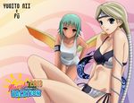  2girls absurdres bent_over bikini blonde_hair blue_eyes character_name forehead_protector fuu_(naruto) green_hair hair_ornament hairclip highres johnathan_boykin long_hair looking_at_viewer midriff multiple_girls naruto naruto_shippuuden navel nii_yugito orange_eyes side-tie_bikini sitting swimsuit wings 