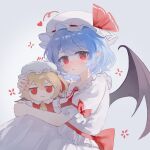  1girl absurdres bat_wings bow censored character_doll doll frilled_hat frilled_sleeves frills fumo_(doll) hat hat_ribbon heart highres holding holding_doll mob_cap mosaic_censoring parted_lips pointy_ears puffy_short_sleeves puffy_sleeves purple_hair red_bow red_eyes red_ribbon remilia_scarlet ribbon shirt short_hair short_sleeves skirt solo sweatdrop touhou waist_bow white_hat white_shirt white_skirt wings yuuneka 