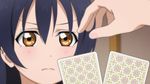  :d animated animated_gif blue_hair card d: glowing glowing_eyes indoors love_live! love_live!_school_idol_project lowres open_mouth portrait screencap smile sonoda_umi yellow_eyes 