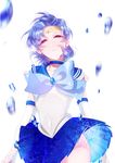 bishoujo_senshi_sailor_moon blue_bow blue_choker blue_hair blue_sailor_collar blue_skirt bow choker circlet earrings elbow_gloves floating_hair gloves half-closed_eyes jewelry mizuno_ami motion_blur parted_lips pleated_skirt sagold sailor_collar sailor_mercury sailor_senshi_uniform short_hair skirt skirt_lift solo stud_earrings water_drop white_background white_gloves wind 