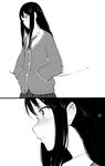  blush cardigan comic greyscale hands_in_pockets idolmaster idolmaster_cinderella_girls long_hair monochrome necktie open_mouth pleated_skirt shibuya_rin skirt solo tsukino_wagamo 