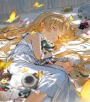  1girl absurdres blonde_hair bug butterfly character_doll child closed_eyes crayon doll drawing_(object) dress envelope feet_out_of_frame frederick_kreiburg hair_intakes highres holding holding_stuffed_toy hrak_mumi identity_v long_hair lying melly_plinius memory_(identity_v) norton_campbell orpheus_(identity_v) parted_lips sleeping stuffed_toy syringe white_dress yellow_butterfly 