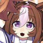  @_@ ahoge animal_ears blush brown_hair double-parted_bangs ear_covers ear_ribbon hair_between_eyes hairband horse_ears horse_girl medium_hair meisho_doto_(umamusume) multicolored_hair multiple_girls open_mouth pink_hairband purple_eyes sanada_ina school_uniform shirt short_hair single_ear_cover smile t.m._opera_o_(umamusume) tracen_school_uniform two-tone_hair umamusume umamusume:_road_to_the_top white_hair 