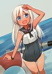  :d blue_eyes dark_skin flower hair_flower hair_ornament ico_(green_bullet) innertube kantai_collection long_hair looking_at_viewer open_mouth ro-500_(kantai_collection) school_swimsuit school_uniform serafuku silver_hair sketch smile solo swimsuit swimsuit_under_clothes 