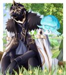  1boy absurdres black_fur black_gloves black_hair black_helmet black_pants black_shirt cape capitano_(genshin_impact) collared_shirt commentary_request creature fur-trimmed_cape fur_trim genshin_impact gloves gold_trim grass helmet highres leaf long_hair long_sleeves male_focus outdoors pants shirt sitting sleeve_cuffs solo tree uouzzz white_cape 