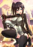  akanagi_youto black_footwear black_legwear blue_eyes blush bodysuit boots breasts fingerless_gloves gloves god_eater god_eater_2:_rage_burst large_breasts long_sleeves no_panties one_knee player_(god_eater_2) pussy pussy_juice skin_tight smile solo thigh_boots thighhighs underwear weapon 
