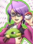 1boy commentary_request eye_mask fingernails green_outline holding holding_poke_ball holding_pokemon male_focus mask natu open_mouth outline poke_ball poke_ball_(basic) pokemon pokemon_(creature) pokemon_hgss purple_eyes purple_hair short_hair smile sumino teeth upper_teeth_only will_(pokemon) 