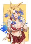 1girl absurdres amesuku_gyaru animal_ears belt blonde_hair blue_eyes blue_hair blush bracelet breasts cleavage cropped_shirt ear_ornament english_commentary gyaru highres horse_ears horse_girl jewelry kogal large_breasts long_hair looking_at_viewer midriff multicolored_hair navel obey_your_master_(umamusume) open_mouth red_skirt shirt sif221 skirt smile solo star-shaped_pupils star_(symbol) sweat symbol-shaped_pupils umamusume umamusume:_cinderella_gray white_shirt yellow_nails 