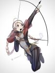  1girl ahoge blue_eyes bow_(weapon) braid breasts capelet chakamaru_ut drawing_bow dress fire_emblem fire_emblem_fates hairband harness highres holding holding_bow_(weapon) holding_weapon hood hooded_capelet keyring long_hair low_twin_braids low_twintails medium_breasts microdress nina_(fire_emblem) o-ring o-ring_harness open_mouth pantyhose parted_bangs red_hood striped_clothes striped_pantyhose twin_braids twintails vertical-striped_clothes vertical-striped_pantyhose weapon white_hair 