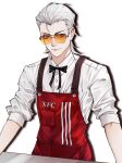  1boy apron black_bow black_bowtie bow bowtie closed_mouth collared_shirt fireicers hair_slicked_back highres kfc light_smile looking_at_viewer male_focus medium_hair red_apron shirt sleeves_rolled_up solo sunglasses to_be_hero to_be_hero_x upper_body white_background white_hair white_shirt x_(to_be_hero_x) 