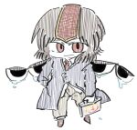  1other androgynous aodo_mikan blue_coat brown_hair brown_pants brown_shoes business_suit buttons closed_mouth coat collared_coat collared_shirt commentary_request dress_pants dress_shoes eye_of_senri eyes_on_wings full_body hand_in_pocket headgear highres holding holding_suitcase kokutenshi_hibaru lapels layered_sleeves len'en long_sleeves medium_hair necktie other_focus pants red_eyes red_necktie shirt shoes simple_background smirk socks solo spread_wings standing suit suitcase teardrop white_background white_shirt white_socks 