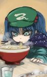  aqua_eyes blue_hair bowl chopsticks eating flying_sweatdrops food ginji_(sakaki_summer) glass hair_bobbles hair_ornament hat kawashiro_nitori long_sleeves noodles ramen shirt short_hair solo steam table touhou two_side_up upper_body 