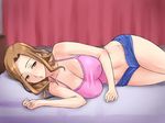  1girl bare_shoulders bed blush breasts brown_eyes brown_hair cleavage erect_nipples highres huge_breasts legs long_hair looking_at_viewer lying navel nightmare_express on_side pillow short_shorts shorts solo thighs 