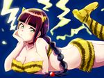  1girl 396mimimi arm_support black_hair bleach braid breasts cleavage cosplay green_eyes kurotsuchi_nemu large_breasts looking_at_viewer lum lum_(cosplay) lying on_stomach solo urusei_yatsura 