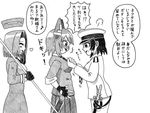  breasts comic covered_nipples female_admiral_(kantai_collection) fingerless_gloves fujigakubou gloves greyscale hair_intakes headgear highres kantai_collection medium_breasts monochrome multiple_girls necktie school_uniform short_hair sword tatsuta_(kantai_collection) tenryuu_(kantai_collection) traditional_media translation_request weapon 