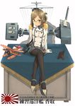  aiming_at_viewer aircraft airplane biplane black_legwear blush character_name desk epaulettes flag glasses gloves green_eyes high_heels k5y kantai_collection katori_(kantai_collection) kitsuneno_denpachi light_brown_hair machinery military military_uniform miniskirt necktie pantyhose riding_crop rising_sun seaplane short_hair sitting skirt smile solo sunburst translation_request turret uniform white_gloves 