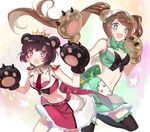  animal_ears bad_id bad_pixiv_id bear_ears bear_girl bear_paws blue_eyes blush brown_hair buun_ko crown gloves long_hair maid_headdress midriff multiple_girls navel open_mouth paw_gloves paws purple_eyes short_hair smile twintails yuri_kuma_arashi yurigasaki_lulu yurishiro_ginko 