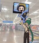  2girls :d ahoge arms_up black_gloves black_hair blush blush_stickers brown_pants brown_shirt candy child dot_nose dress eggtempest english_text eyelashes fitting_room food gloves green_hair grey_bonnet grey_dress indoors long_hair long_sleeves m&amp;m&#039;s meme monitor multiple_girls open_mouth pants photo-referenced photo_background pokemon pokemon_sv ponytail poppy_(pokemon) rika_(pokemon) shelf shirt short_hair sign smile suspenders teeth unworn_shirt upper_teeth_only very_long_hair walmart 