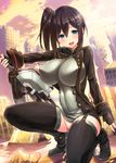  akanagi_youto black_footwear black_legwear blue_eyes blush bodysuit boots breasts fingerless_gloves gloves god_eater god_eater_2:_rage_burst large_breasts long_sleeves no_panties one_knee player_(god_eater_2) pussy skin_tight smile solo thigh_boots thighhighs underwear weapon 
