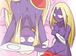  1girl blonde_hair blush breasts covering covering_breasts female furry jynx navel nipples no_nose pokemon purple_skin pussy solo_focus uranoyoru 