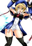  beret blazblue blonde_hair detached_sleeves green_eyes hat necktie noel_vermillion panties short_hair solo tanaka_hitoriaruki thighhighs underwear 