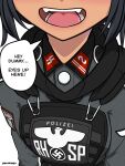  1girl artist_name black_hair body_armor commentary english_commentary english_text grey_shirt highres koalakanru long_sleeves military_uniform nazi open_mouth original reichsadler riot_police shirt siegrunen smile solo speech_bubble ss_insignia swastika talking teeth white_background 