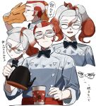  1boy 1girl :d absurdres arrow_(symbol) black_bow black_bowtie bow bowtie charizard closed_eyes closed_mouth commentary cup glasses green_eyes grey_jacket griselle_(pokemon) grisham_(pokemon) hair_between_eyes highres jacket multicolored_hair multiple_views open_mouth pokemon pokemon_(creature) pokemon_legends:_z-a simple_background smile speech_bubble symbol-only_commentary teapot teeth translation_request umebosi_nigame upper_teeth_only white-framed_eyewear white_background 