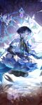 1boy abstract_background absurdres blue_eyes blue_hair blue_pupils blurry bridal_gauntlets buddhism chinese_commentary closed_mouth covering_own_mouth depth_of_field expressionless eyeliner floating from_side full_body genshin_impact glowing gradient_hair hair_between_eyes hand_over_own_mouth hat highres indian_style japanese_clothes lotus_pedestal makeup meditation mitsudomoe_(shape) multicolored_hair red_eyeliner reflection reflective_water scaramouche_(genshin_impact) scaramouche_(kabukimono)_(genshin_impact) shade short_hair short_sleeves sitting solo tomoe_(symbol) wanderer_(genshin_impact) water wind zi_yin 