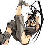  ankle_wrap antenna_hair bandages barefoot between_fingers black_hair breasts dual_wielding fingerless_gloves gloves highres hip_vent holding ibuki_(street_fighter) kunai large_breasts long_hair ninja nishiide_kengorou no_panties solo street_fighter street_fighter_iii_(series) toes very_long_hair weapon 