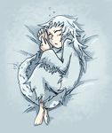  barefoot blush closed_eyes dark_souls dragon_girl fetal_position full_body lying on_bed on_side plantar_flexion priscilla_the_crossbreed setz sleeping solo souls_(from_software) tail white_hair 